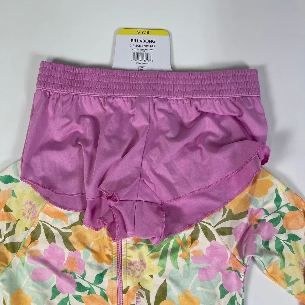 Billabong Kids Girls 2-Piece Swim Set Floral Long Sleeve Rashguard Shorts S 7/8